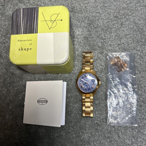 Fossil Men’s Stainless Steel Chronograph Watch Gold Tone Blue Dial Box Xtra Link - Picture 2 of 16